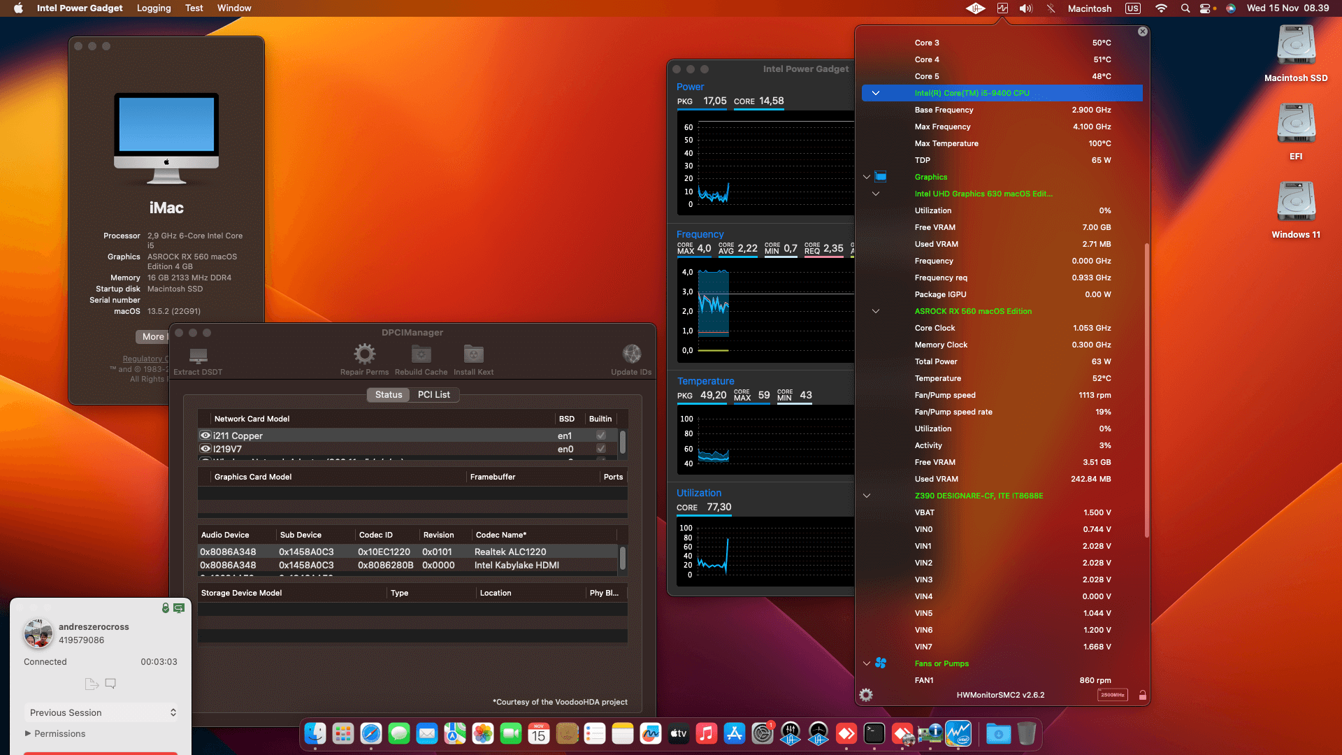 Success Hackintosh macOS Ventura 13.6.1 Build 22G313 in Gigabyte Z390 Designare + Intel Core i5 9400 + Asrock RX 560